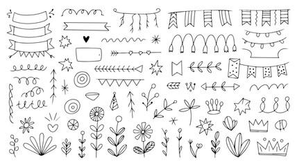 Collection of hand-drawn doodle elements, including floral designs, banners, and decorative borders.
