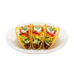 Three delicious tacos with ground meat, cheese, lettuce, and tomatoes on a white plate on transparent background for food concept.