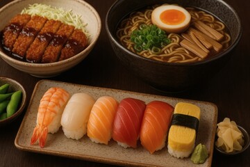 A high-resolution photograph featuring a traditional Japanese meal set including assorted nigiri sushi, a bowl of ramen with egg and scallions, crispy tonkatsu served.