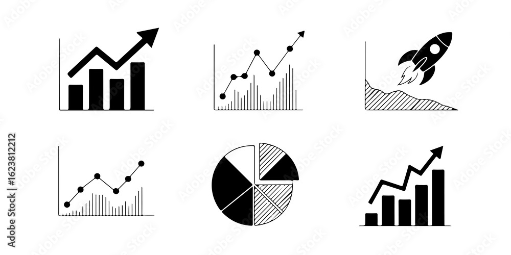 Poster dynamic collection of business chart and graph symbols in black and white vector illustration on tra