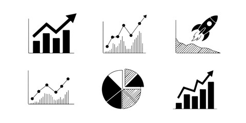 Dynamic collection of business chart and graph symbols in black and white vector illustration on transparent background