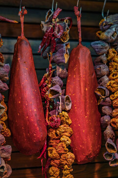 Traditional Turkish pastirma and dried vegetables, the Egyptian Bazaar, Istanbul