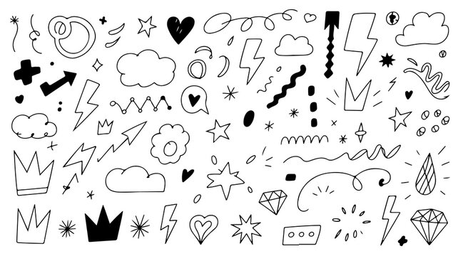 Whimsical collection of hand-drawn doodles, including stars, clouds and lightning, in black and white on transparent background