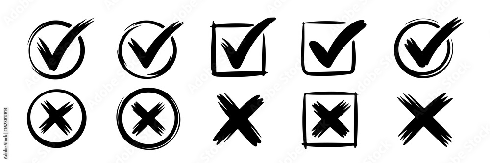 Poster hand drawn check marks and crosses in circles and squares, representing approval and denial, on tran