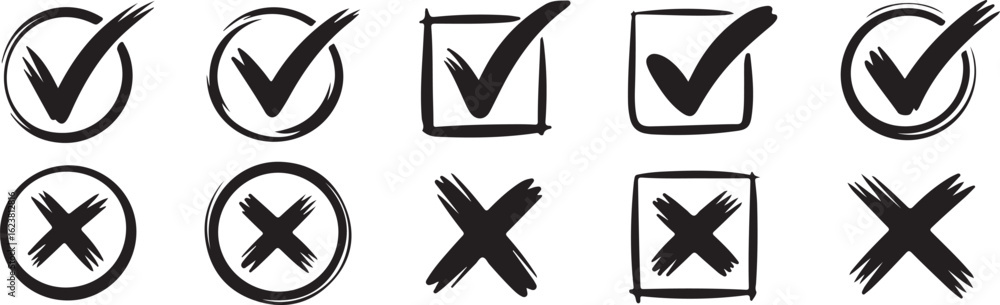 Poster collection of hand-drawn check marks and cross marks in various shapes and styles.