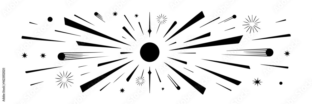 Poster abstract radial burst design with lines, dots, and arrows emanating from a central point.