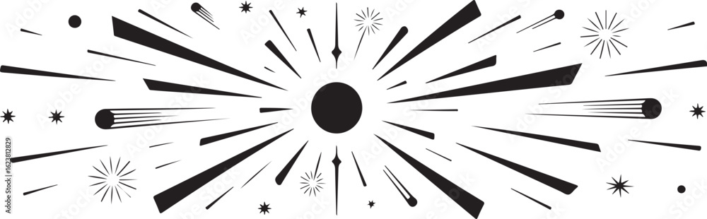 Poster abstract graphic design with radiating lines and shapes.