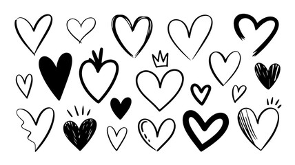 Diverse collection of hand-drawn hearts in various styles, a romantic design element for valentines day on transparent background