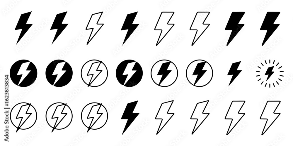 Poster collection of various lightning bolt icons in different styles and designs.