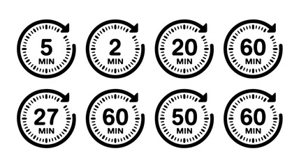 Diverse set of minimal timer icons showcasing different time intervals in minutes displayed on transparent background.
