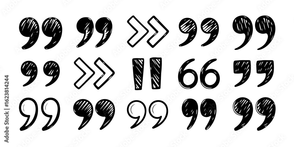 Poster collection of various hand-drawn quotation marks and symbols for design elements.