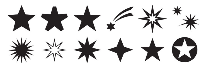 Collection of unique and varied star shapes in minimalist black and white for creative design purposes on transparent background