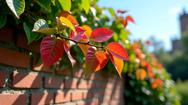 Close-up of a photinia branch with red and green leaves leaning against a rustic brick wall