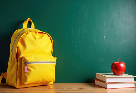 Yellow school backpack with books and red apple on wooden desk against green chalkboard background, back to school educational supplies concept
- Powered by Adobe
