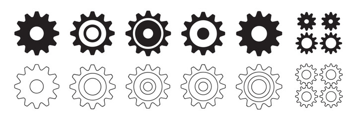 Elegant Collection of Gear Icons, Featuring Various Designs and Styles, Isolated on Clean Transparent Background