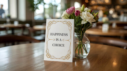 Motivational card with text "happiness is a choice" on wooden table and flower vase in cozy coffee shop