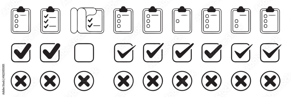 Poster checklist and box icons, including check marks and x marks, aligned in rows on transparent backgroun