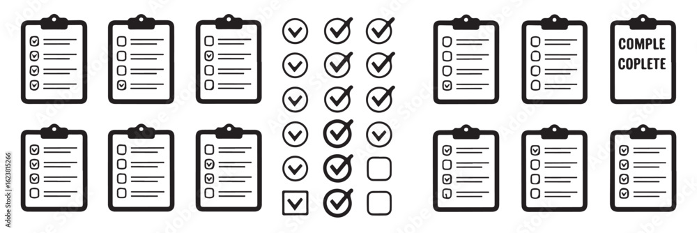Fototapete essential checklist icons and completion symbols: versatile elements for task management and workflo