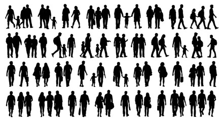 Silhouettes of people walking in various poses including couples and families with children on white background