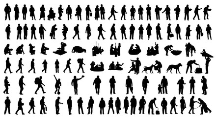 Silhouette collection of people in various activities and poses on a white background vector illustration
