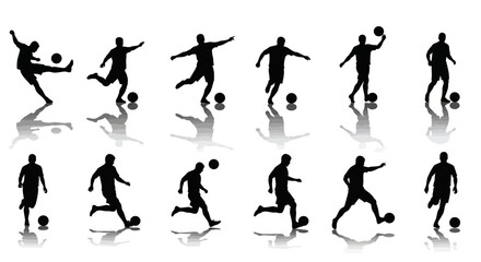 Silhouettes of soccer players in various poses kicking and dribbling a soccer ball on a white background