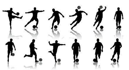 Silhouette illustrations of soccer players in various poses with soccer balls on a white background