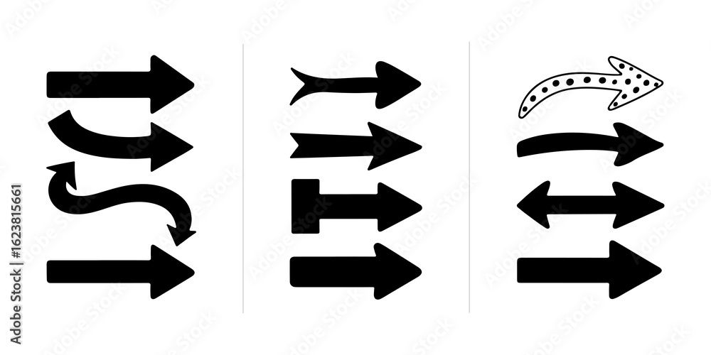 Poster collection of various vector arrows, different designs, pointing in directions and styles, isolated 