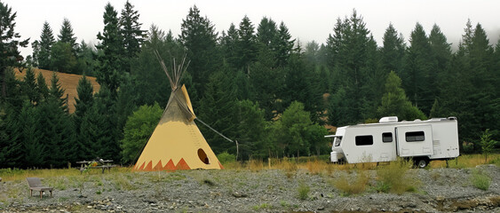 Lodging - Old vs New - An image of a modern trailer contrasted by a nearby tepee

