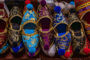 Colorful traditional Turkish slippers for sale at Grand Bazaar, Istanbul, Turkey