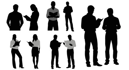 Silhouette of people reading books and documents standing in various poses on a white background