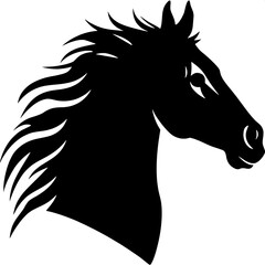 A head-and-neck profile illustration of a stallion, turned slightly toward the viewer's right, in grayscale. The mane is windswept back, and the expression is calm but alert. Every line and shadow con
