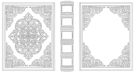 Illustration of an ornate book with detailed cover designs and a visible spine in black and white