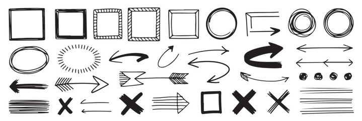Diverse assortment of hand-drawn doodle elements, shapes, arrows, and lines providing a trendy and playful design, on transparent background