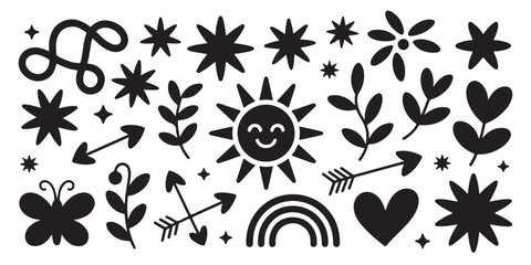 Whimsical doodle collection of stars, rainbows, suns, leaves, arrows and more, perfect for crafts on transparent background