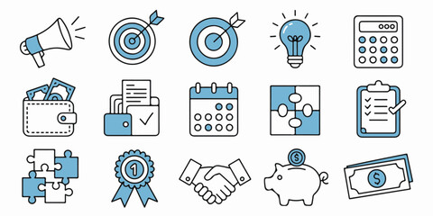 Business and Finance Linear Icon Set Representing Success, Strategy, and Innovation displayed neatly on transparent background