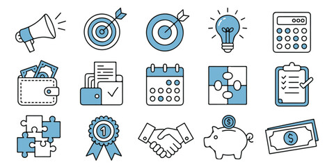 Business and Finance Linear Icon Set Representing Success, Strategy, and Innovation displayed neatly on transparent background
