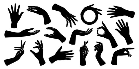 Elegant silhouette collection of hands in various poses, gestures, and expressions isolated on transparent background