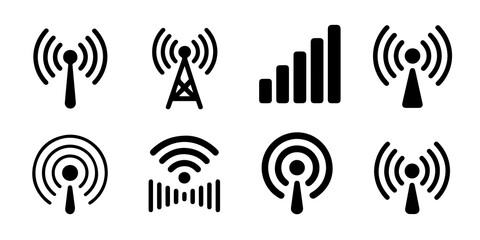 Collection of various wireless and signal strength icon designs showcasing connectivity and network representation on transparent background