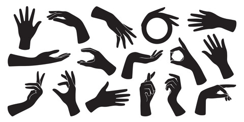 Elegant silhouette collection of hands in various poses, gestures, and expressions isolated on transparent background