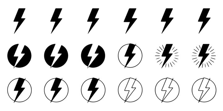 Striking collection of vector lightning bolt illustrations featuring various styles, all isolated on a clean transparent background
