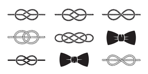 Nautical Elements Featuring Various Rope Knots and Bowtie Illustrations in Black and White on transparent background