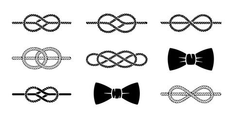Nautical Elements Featuring Various Rope Knots and Bowtie Illustrations in Black and White on transparent background