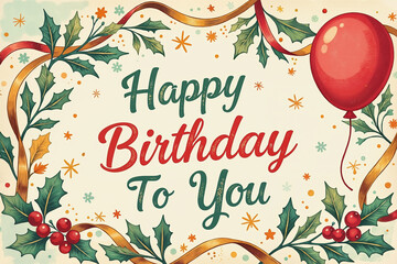 Fototapeta premium A festive birthday illustration featuring a red balloon, holly leaves, and ribbons on a cream background with colorful dots and stars. The text Happy Birthday To You is prominently displayed.