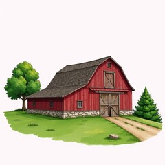 Obraz premium Hand-drawn illustration depicting a rustic barn within a bucolic countryside setting against a blank backdrop