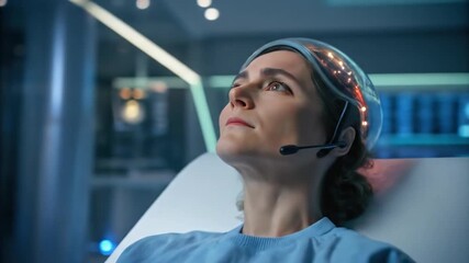 Futuristic treatment concept featuring a woman wearing advanced technology for medical or scientific research and neurological study - Powered by Adobe