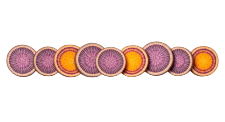 Arranged circles of radish with purple and orange center, overhead shot