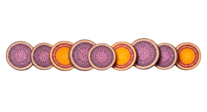Arranged circles of radish with purple and orange center, overhead shot