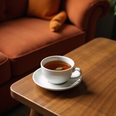 Obraz premium A teacup featuring a leaf rests on a nearby table beside a couch