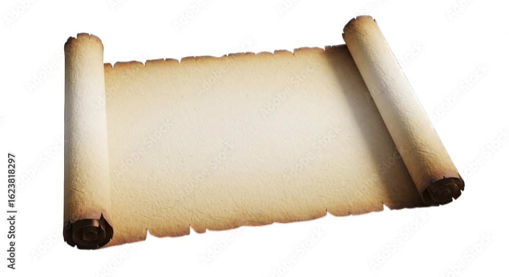 Poster aged parchment scroll unrolled, edges torn, ready for text or a map