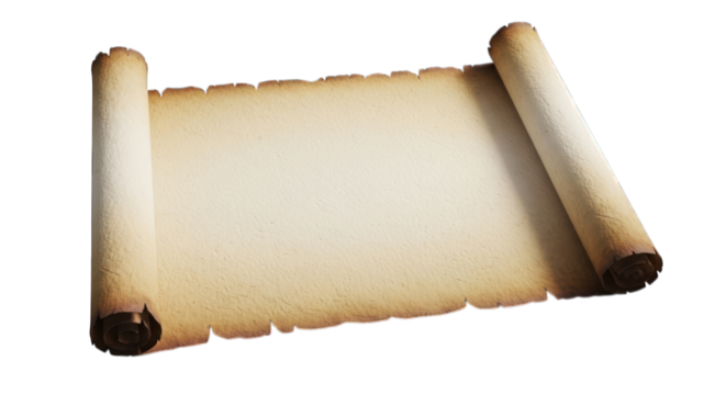 Aged parchment scroll unrolled, edges torn, ready for text or a map